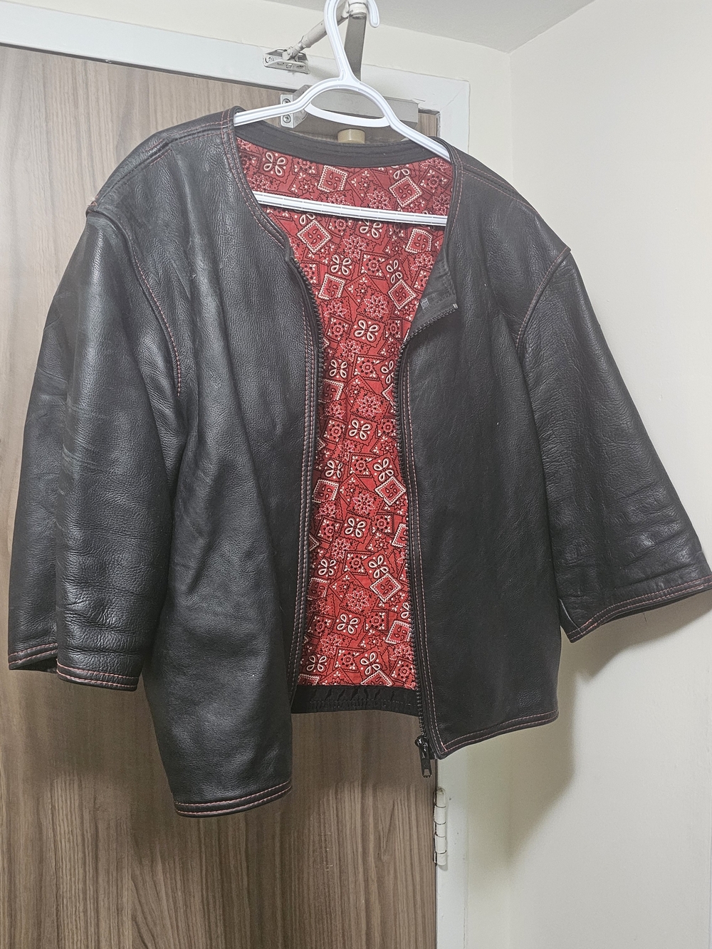 Men's Black Leather Jacket with Red Patterned Lining